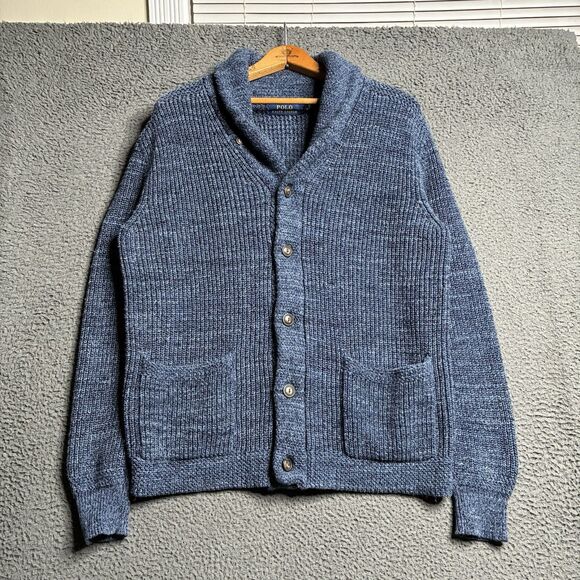 Polo Ralph Lauren Shawl Collar Cardigan Mens Medium Heavy Knit Button Up Blue
